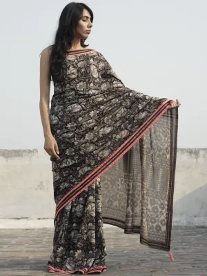 Kashish Black Ivory Hand Block Printed Cotton Saree With Peach Border & Tassels - S031702298