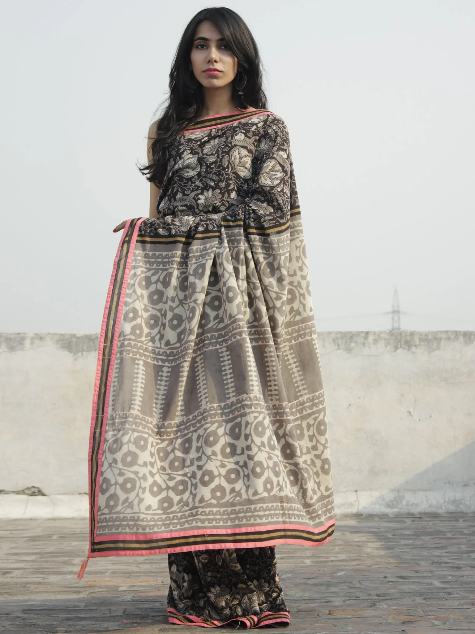 Kashish Black Ivory Hand Block Printed Cotton Saree With Peach Border & Tassels - S031702298