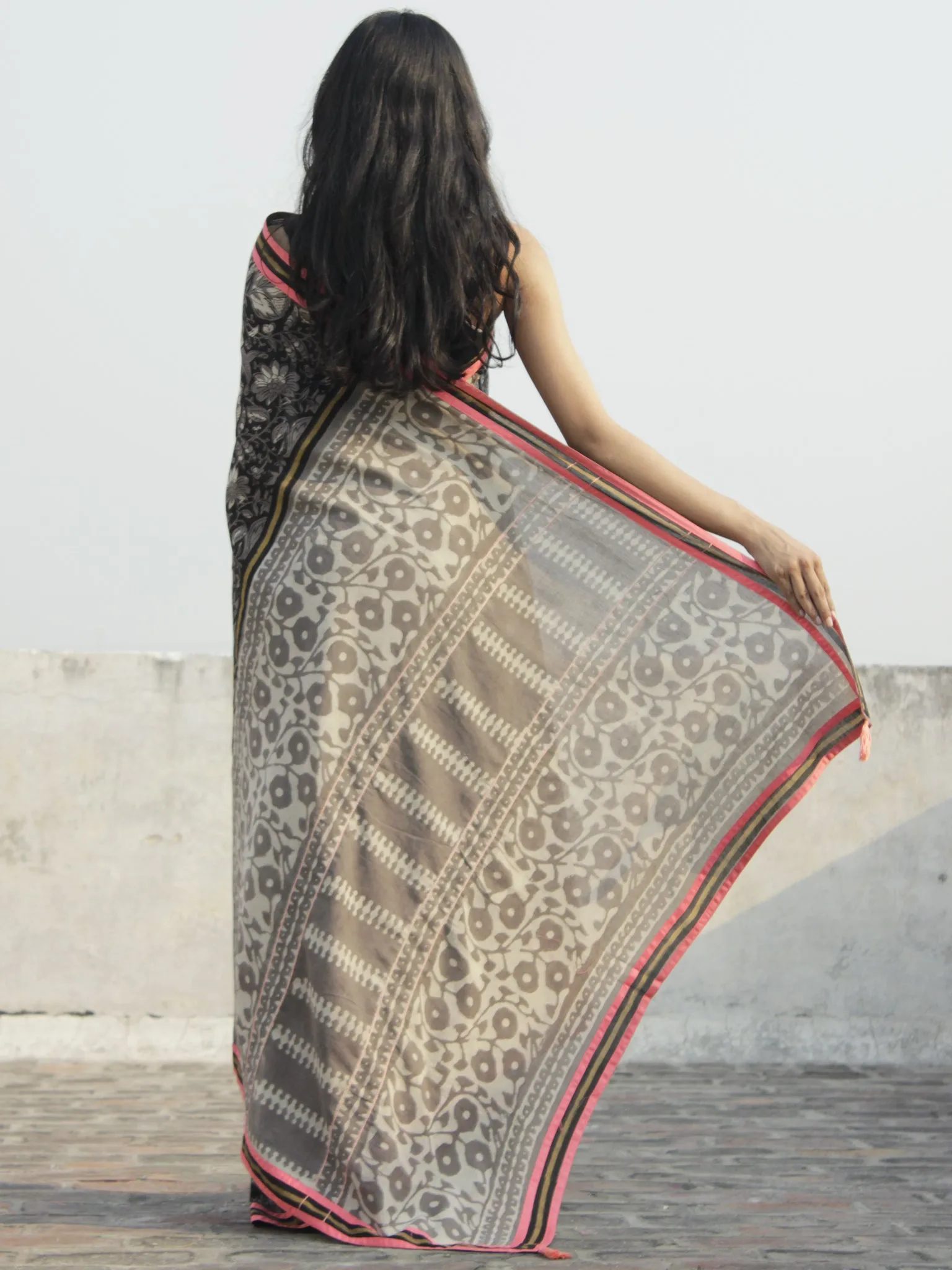 Kashish Black Ivory Hand Block Printed Cotton Saree With Peach Border & Tassels - S031702298