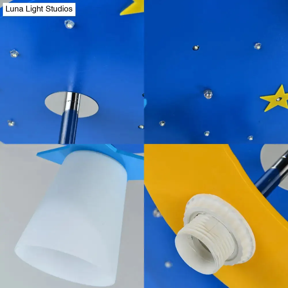 Kids Cartoon Night View Ceiling Mount Light with Blue Wood Shade - 4 Head Ceiling Lamp for Baby Room