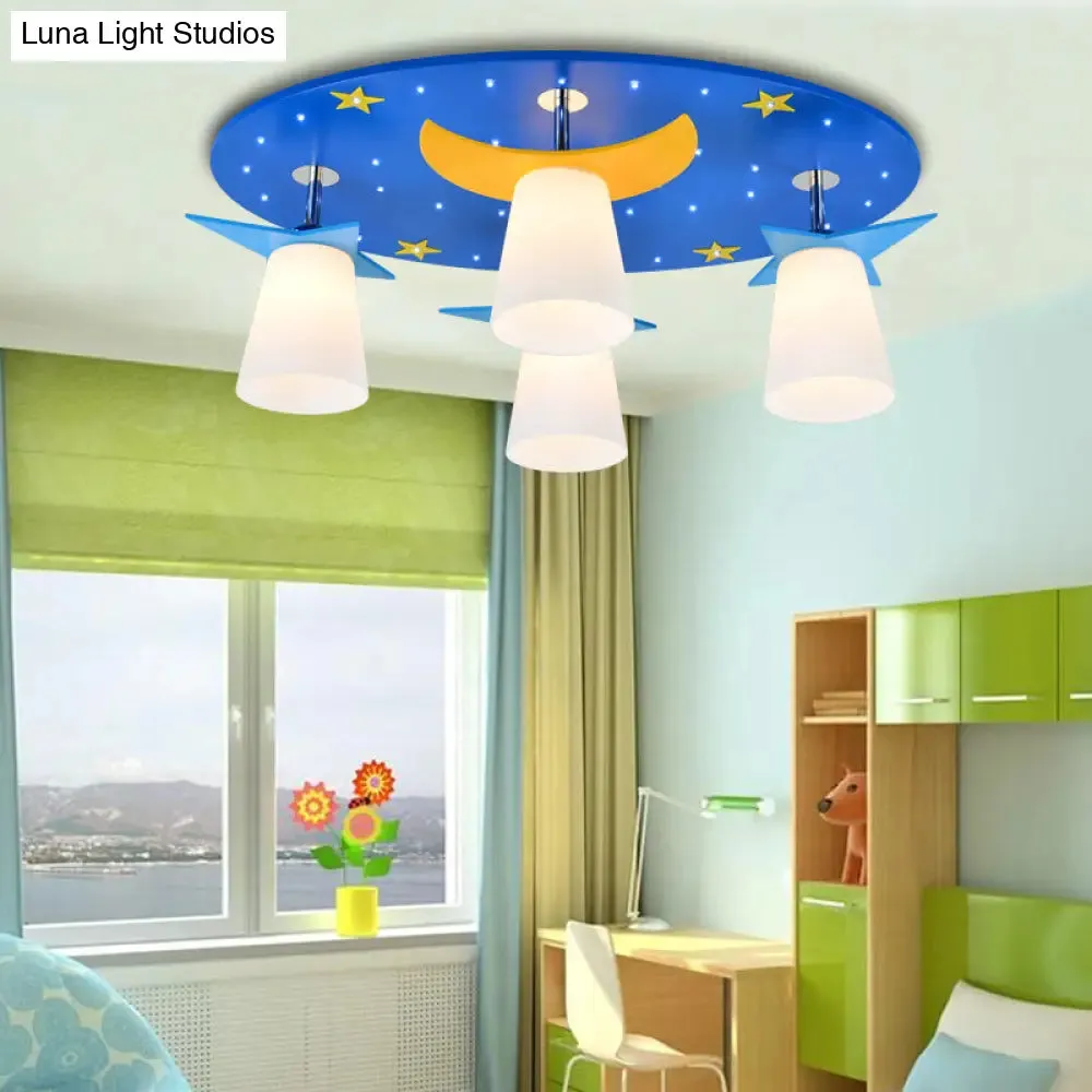 Kids Cartoon Night View Ceiling Mount Light with Blue Wood Shade - 4 Head Ceiling Lamp for Baby Room