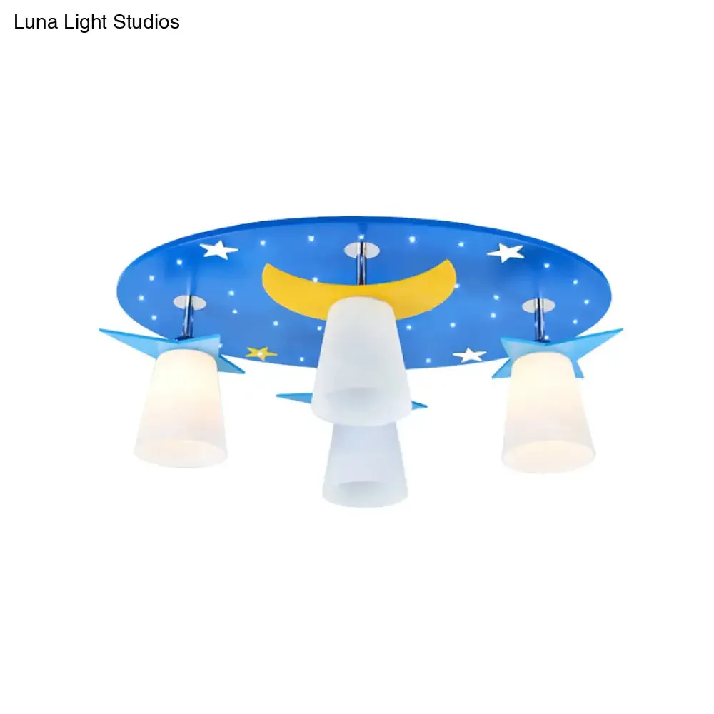 Kids Cartoon Night View Ceiling Mount Light with Blue Wood Shade - 4 Head Ceiling Lamp for Baby Room