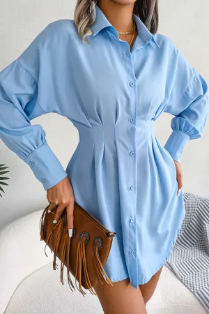 Latern Sleeve Button Pleated Shirt Dress