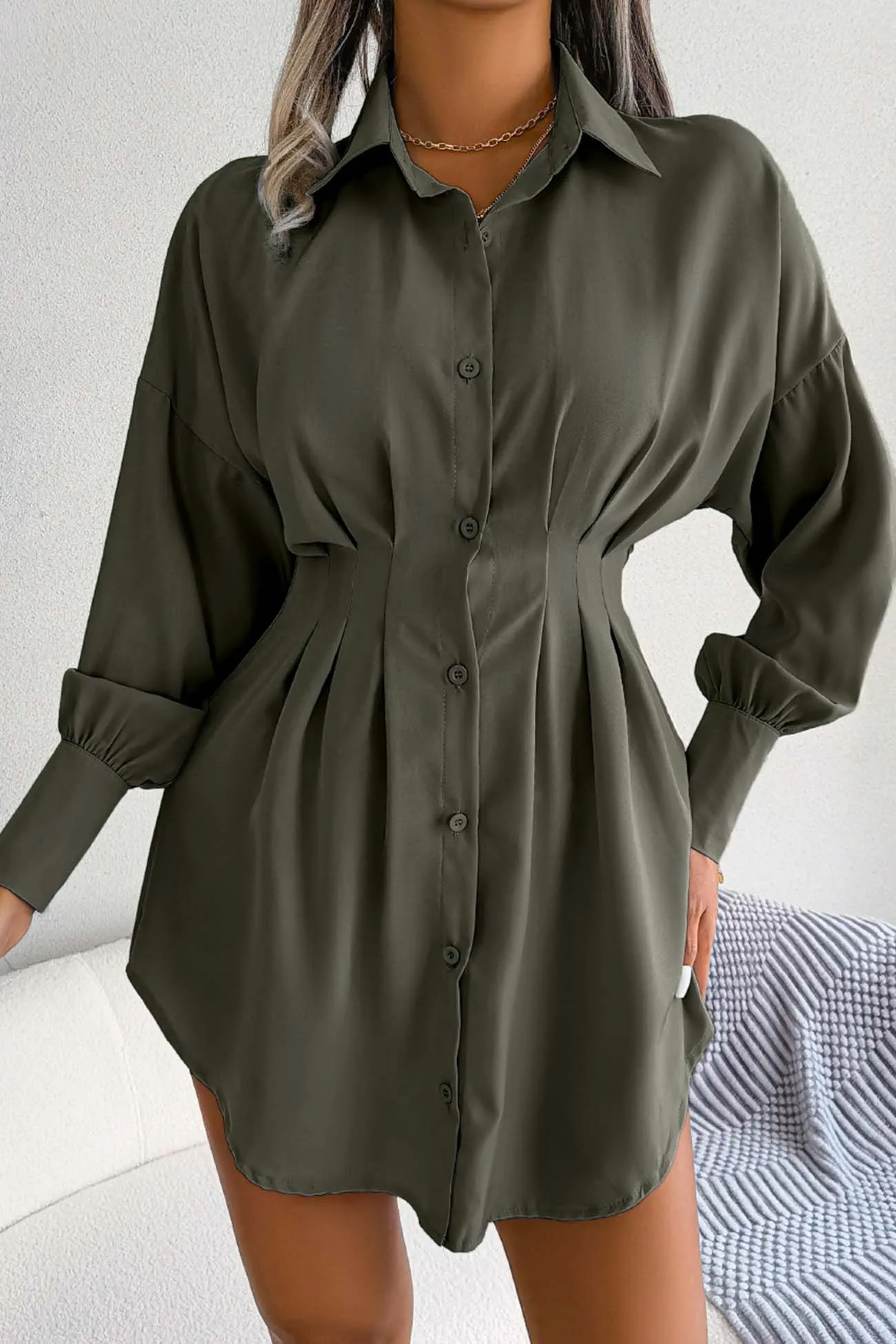 Latern Sleeve Button Pleated Shirt Dress