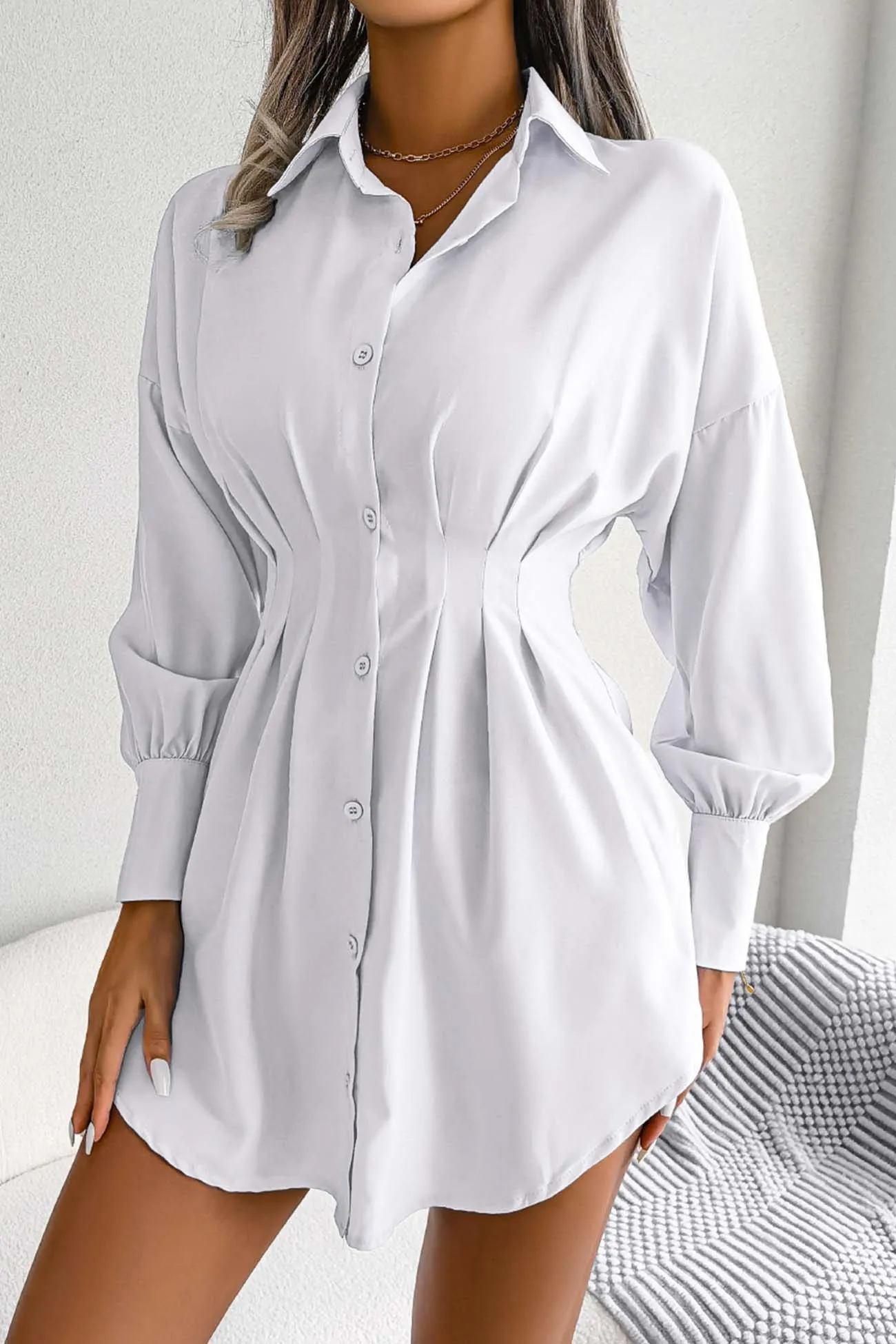 Latern Sleeve Button Pleated Shirt Dress