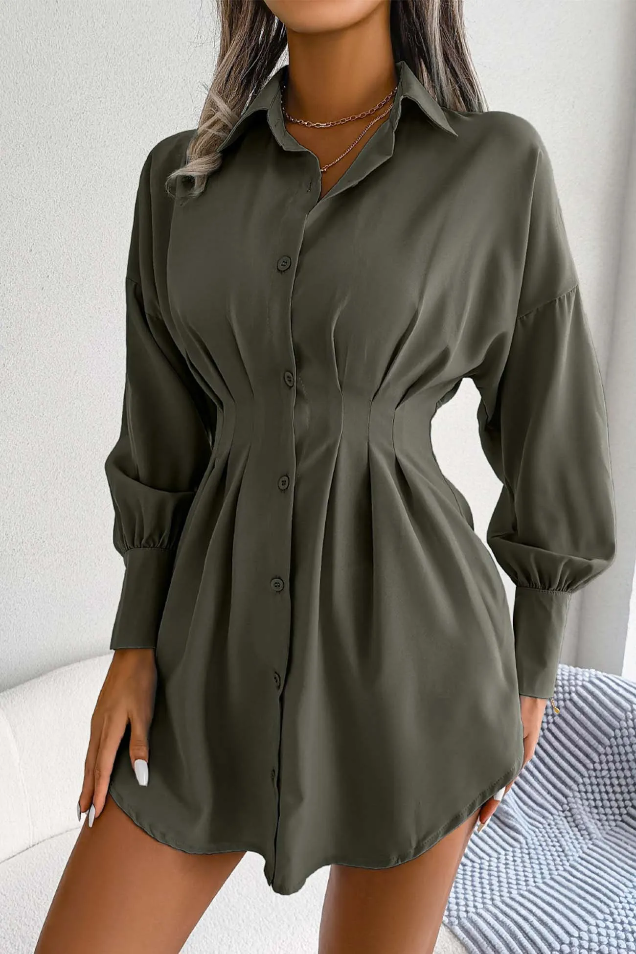 Latern Sleeve Button Pleated Shirt Dress