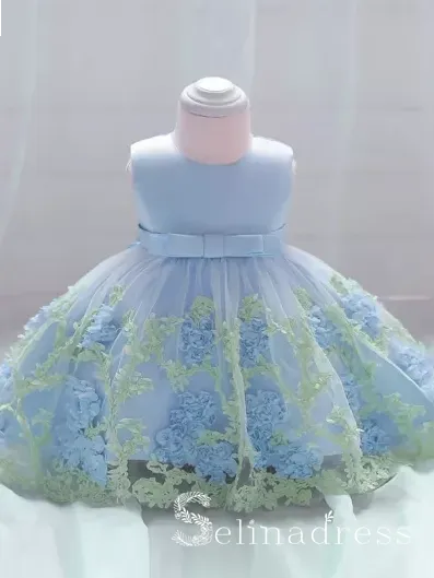 Light Sky Blue Lovely Big Bow Modest Wedding Little Girl Flower Girl Dresses GRS007