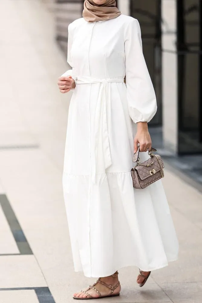 Livela collar neck button through tiered maxi dress with a detachable belt in white