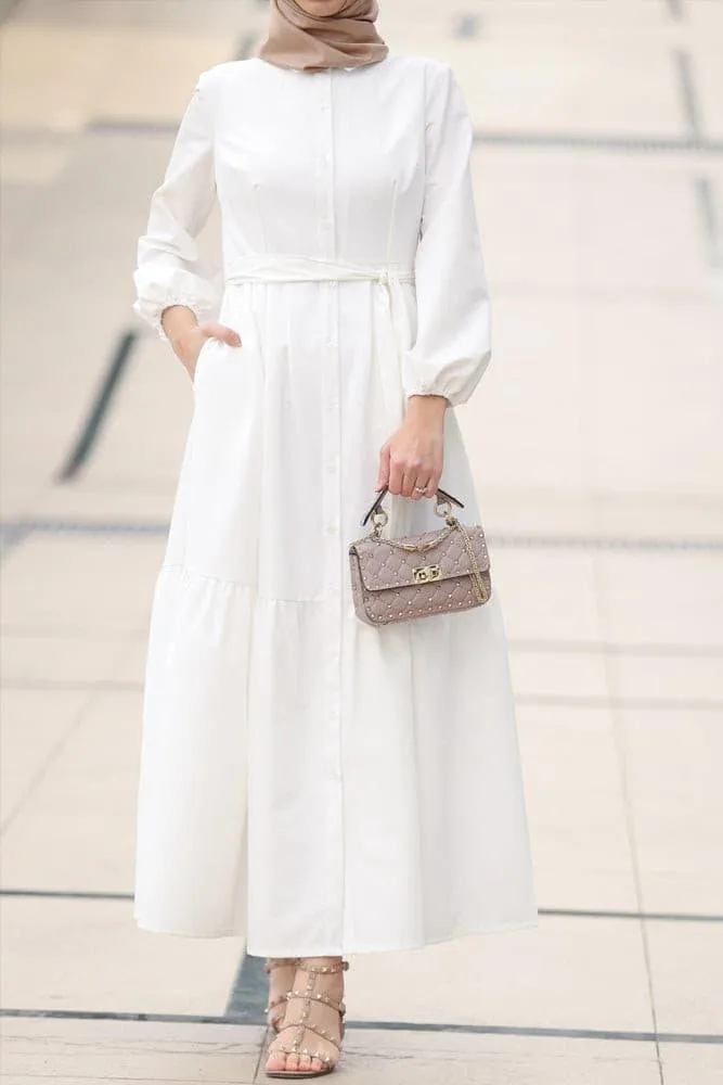 Livela collar neck button through tiered maxi dress with a detachable belt in white