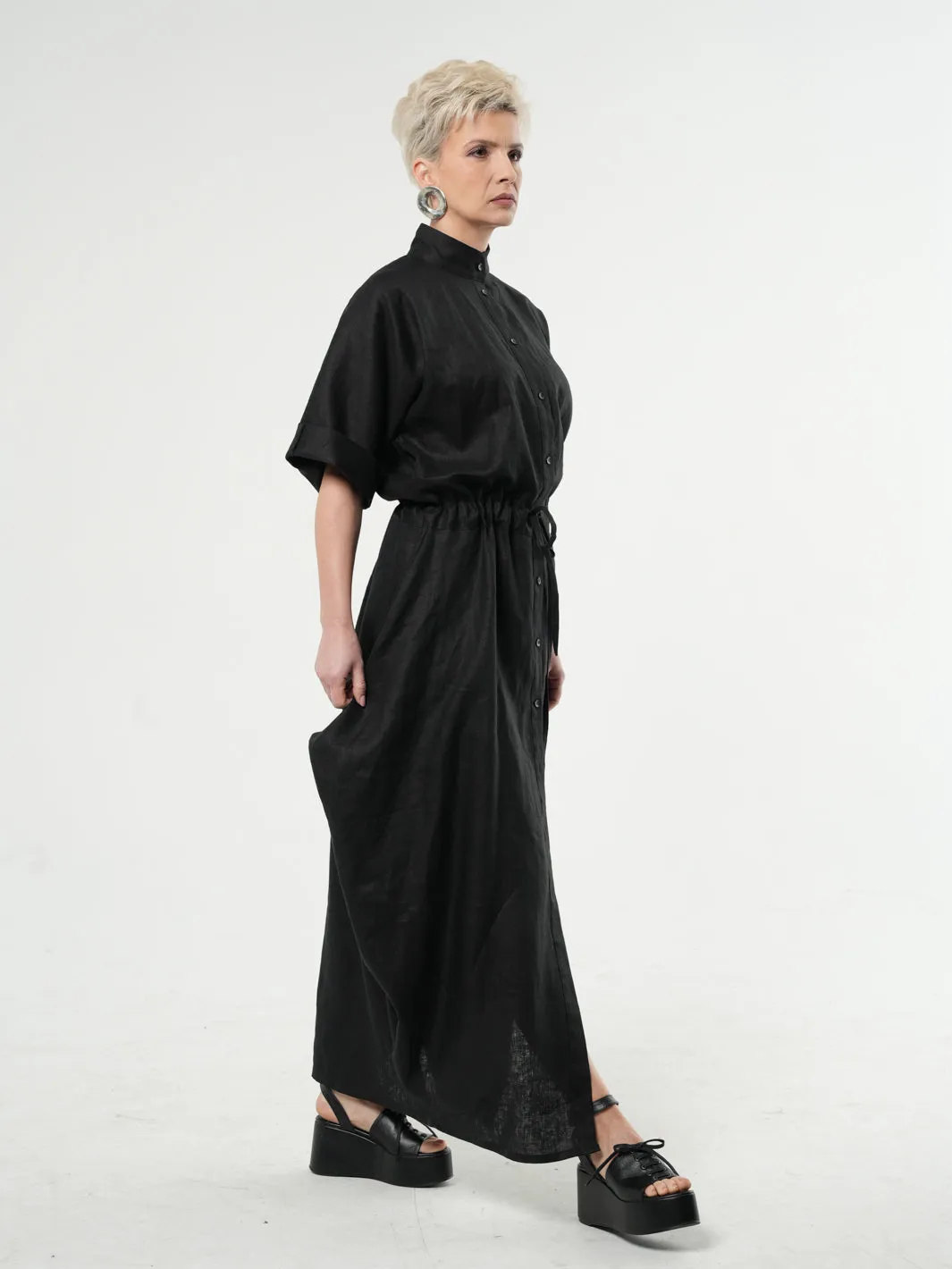 Long Linen Shirt Dress in Black