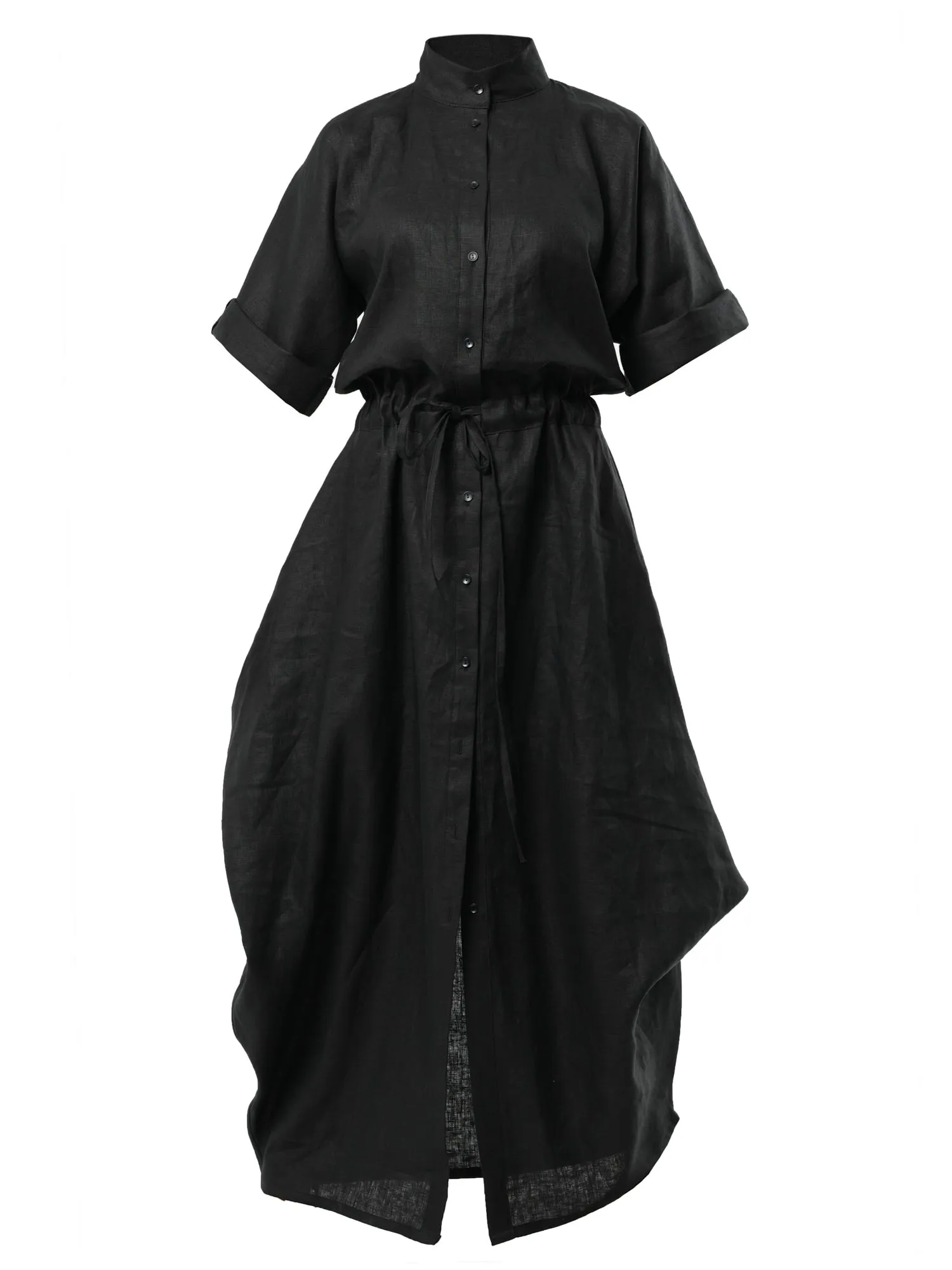 Long Linen Shirt Dress in Black