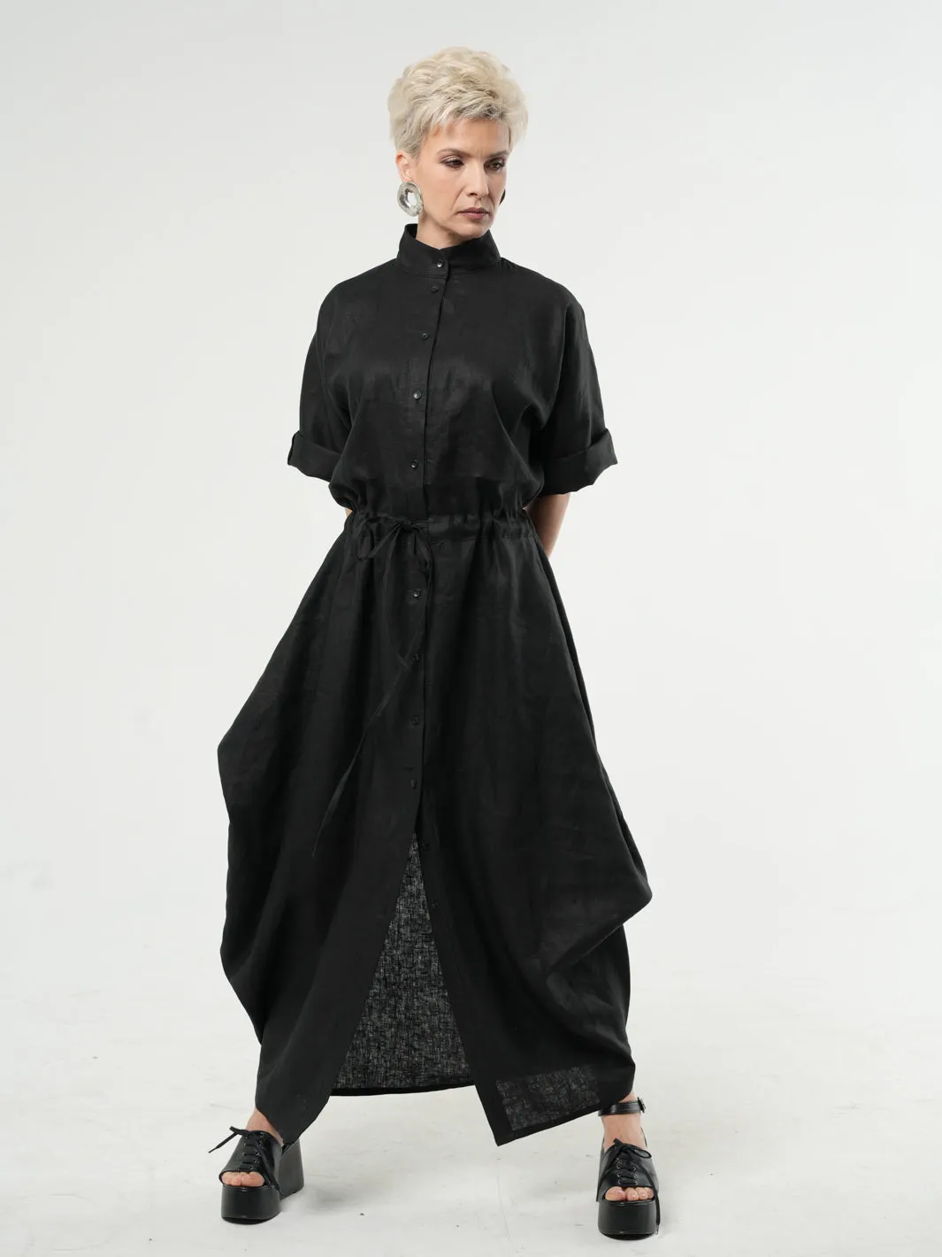 Long Linen Shirt Dress in Black