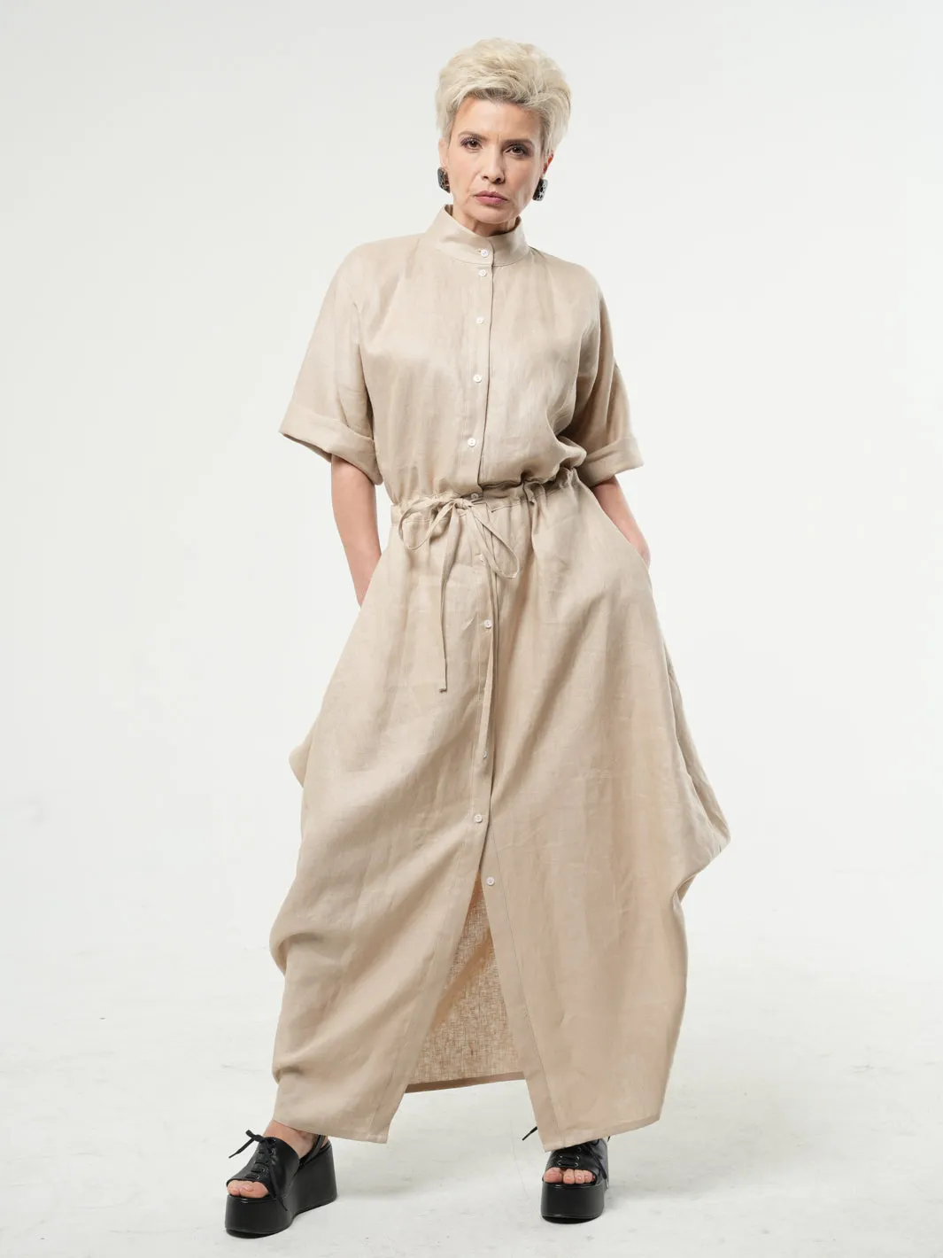 Long Linen Shirt Dress in Black