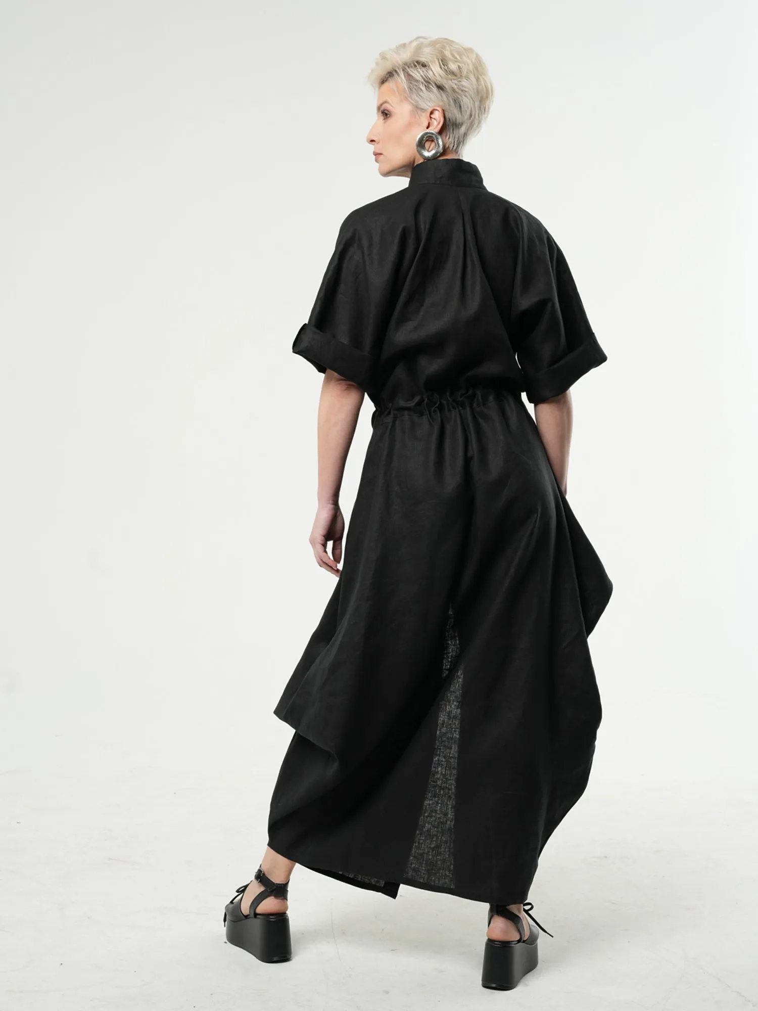 Long Linen Shirt Dress in Black