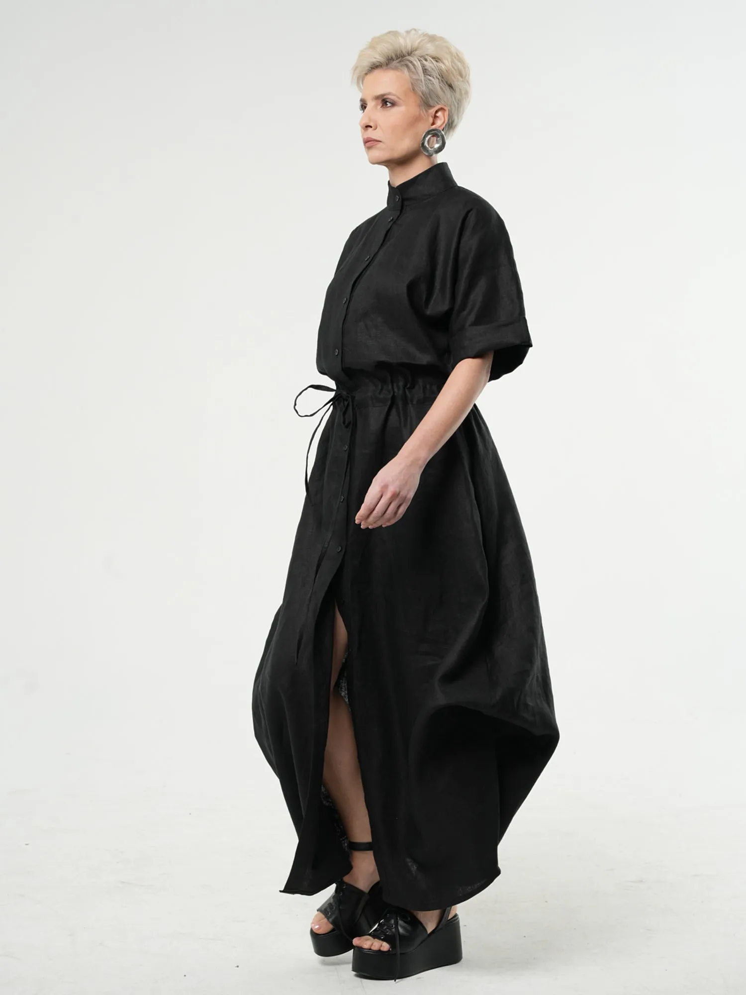 Long Linen Shirt Dress in Black