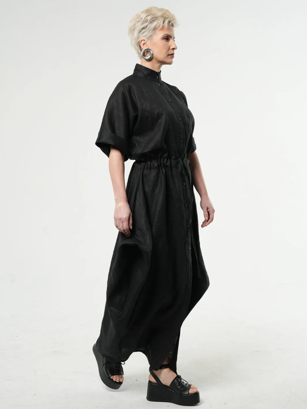 Long Linen Shirt Dress in Black