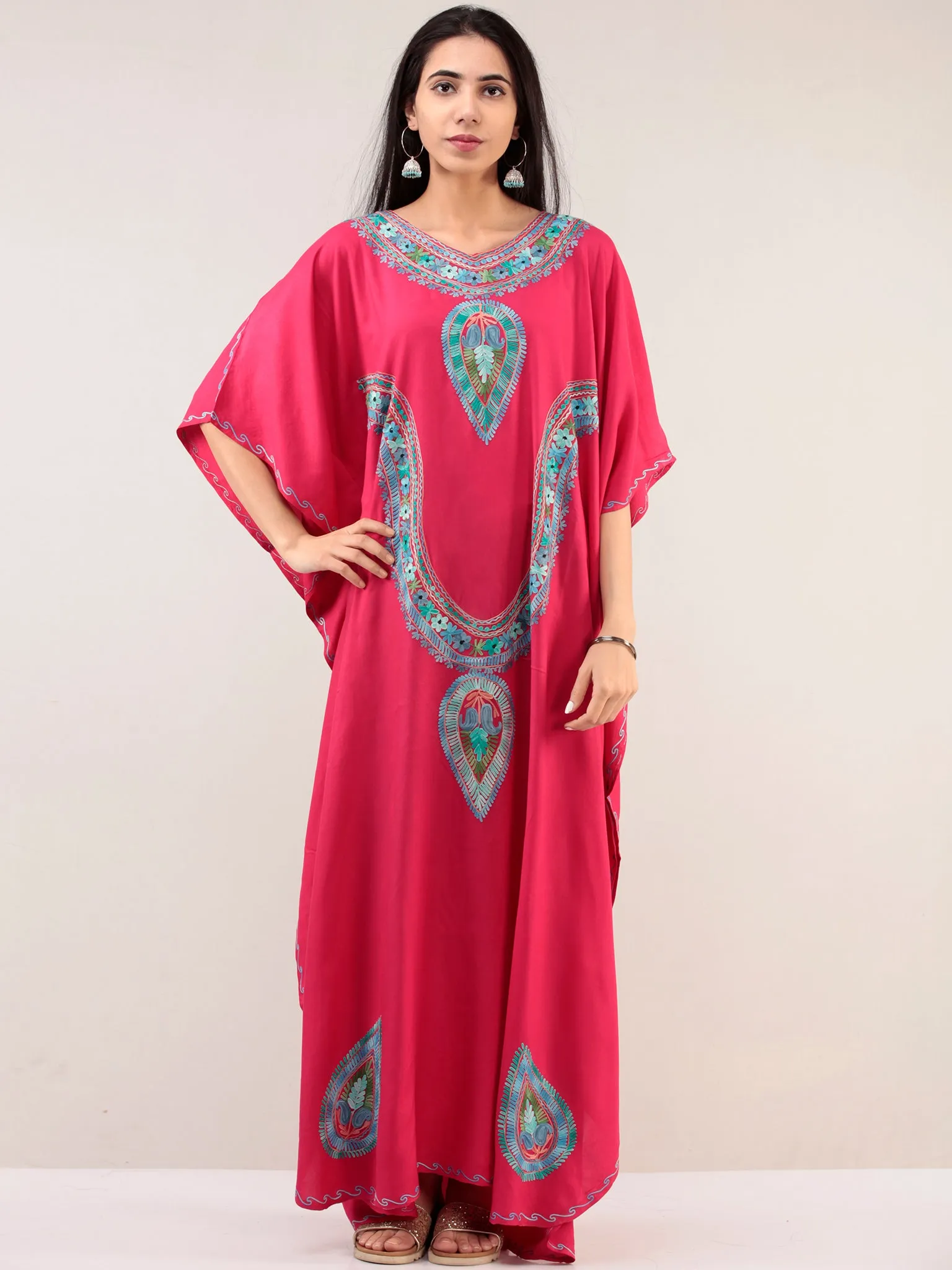 Magenta Aari Embroidered Kashmere Free Size Kaftan  - K12K057