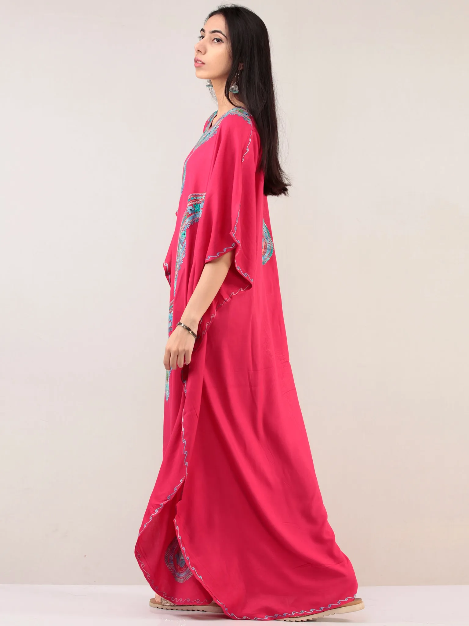 Magenta Aari Embroidered Kashmere Free Size Kaftan  - K12K057