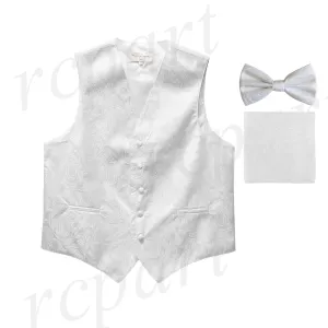 Men's paisley Tuxedo VEST Waistcoat_bowtie & hankie set formal wedding white