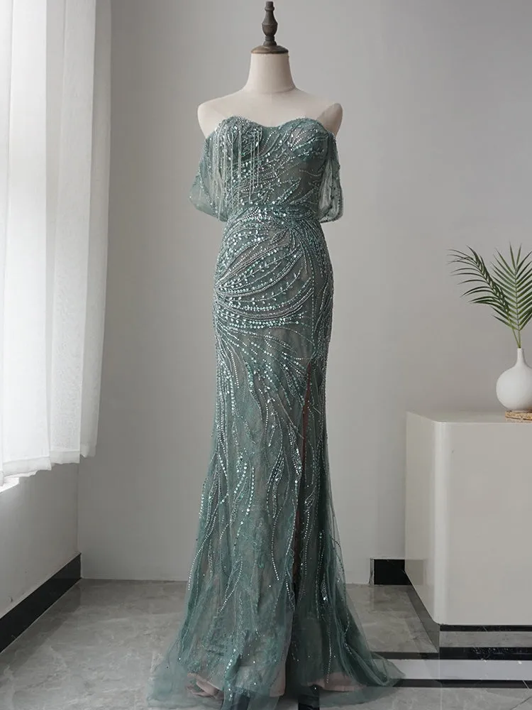 Mermaid Off-the-shoulder Luxury Long Prom Dress Beaded Evening Dresses GKF005