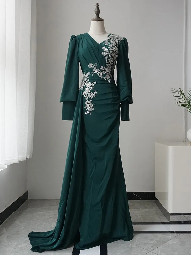 Mermaid V neck Long Sleeve Prom Dress Applique Dark Green Evening Dresses GKF006