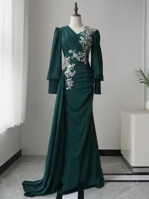 Mermaid V neck Long Sleeve Prom Dress Applique Dark Green Evening Dresses GKF006