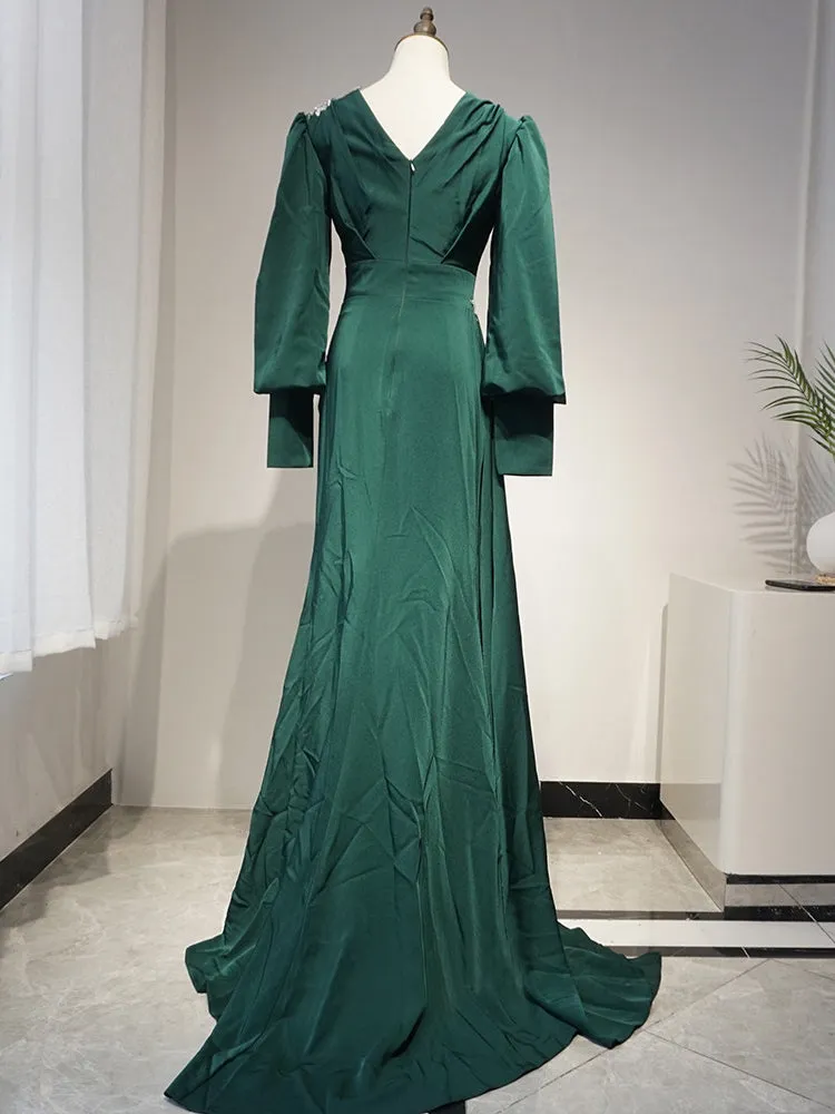 Mermaid V neck Long Sleeve Prom Dress Applique Dark Green Evening Dresses GKF006