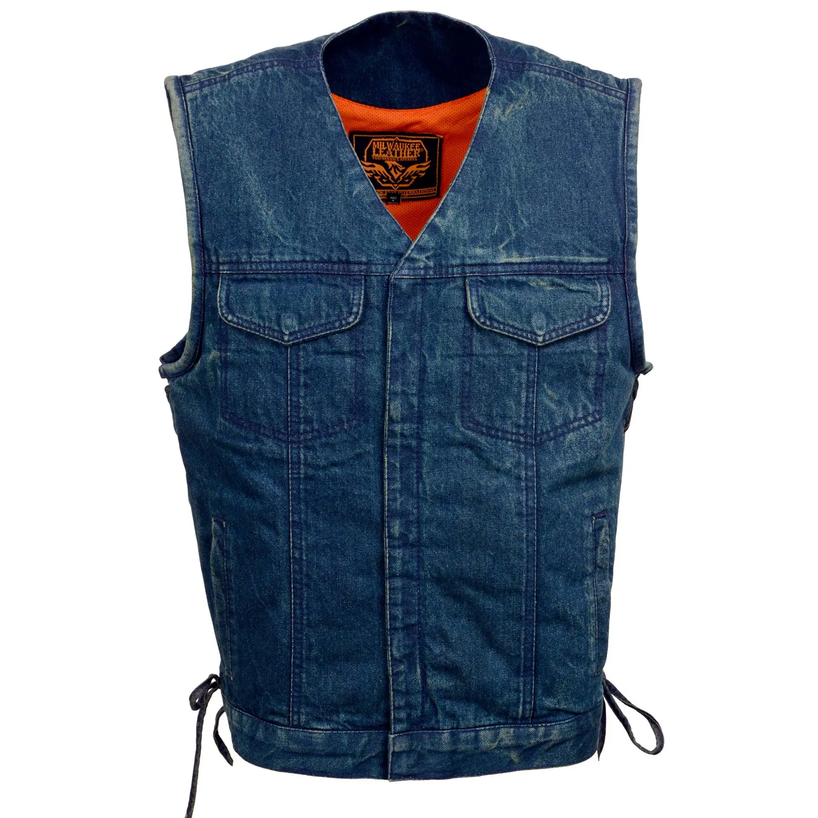 Milwaukee Leather MDM3013 Men's 'Brute' Concealed Snap Blue Denim V-Neck Side Lace Club Style Vest w/Hidden Zipper