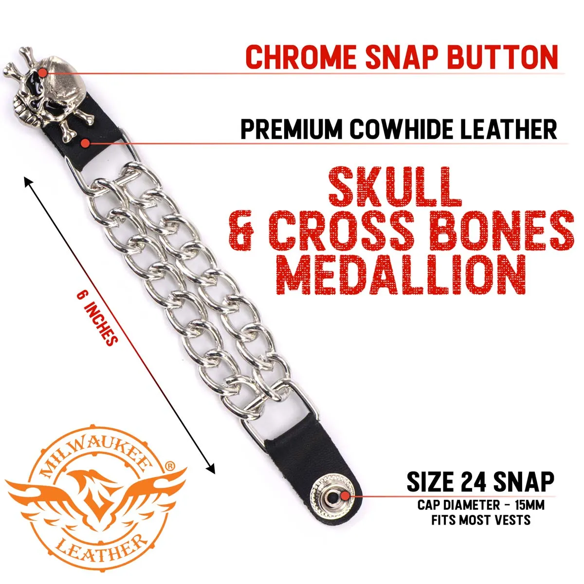 Milwaukee Leather MLA6041SET Skull and Cross Bones 4-PCS Vest Extender Double Chrome Chains w/ Genuine Leather 6" Extension