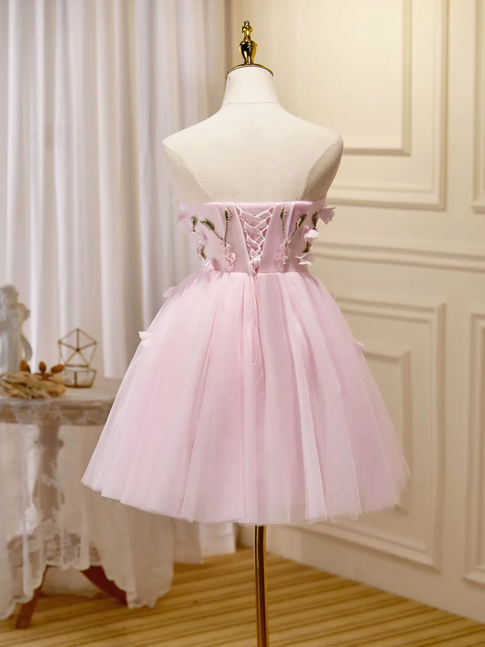 Mini/Short Pink Prom Dress, Cute Pink Homecoming Dresses with Beading Applique