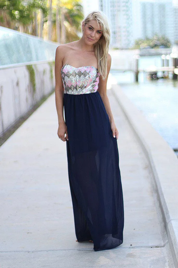 Navy Strapless Maxi Dress with Sequin Top