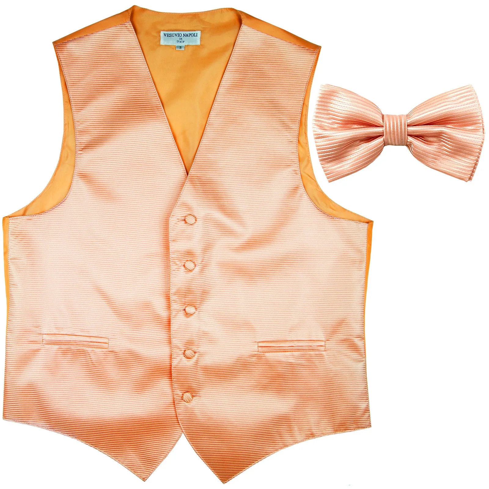 New formal men's tuxedo vest waistcoat & bowtie horizontal stripes prom peach