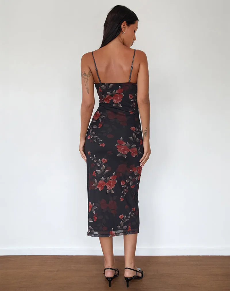 Nori Midi Dress in Watercolour Rose Black