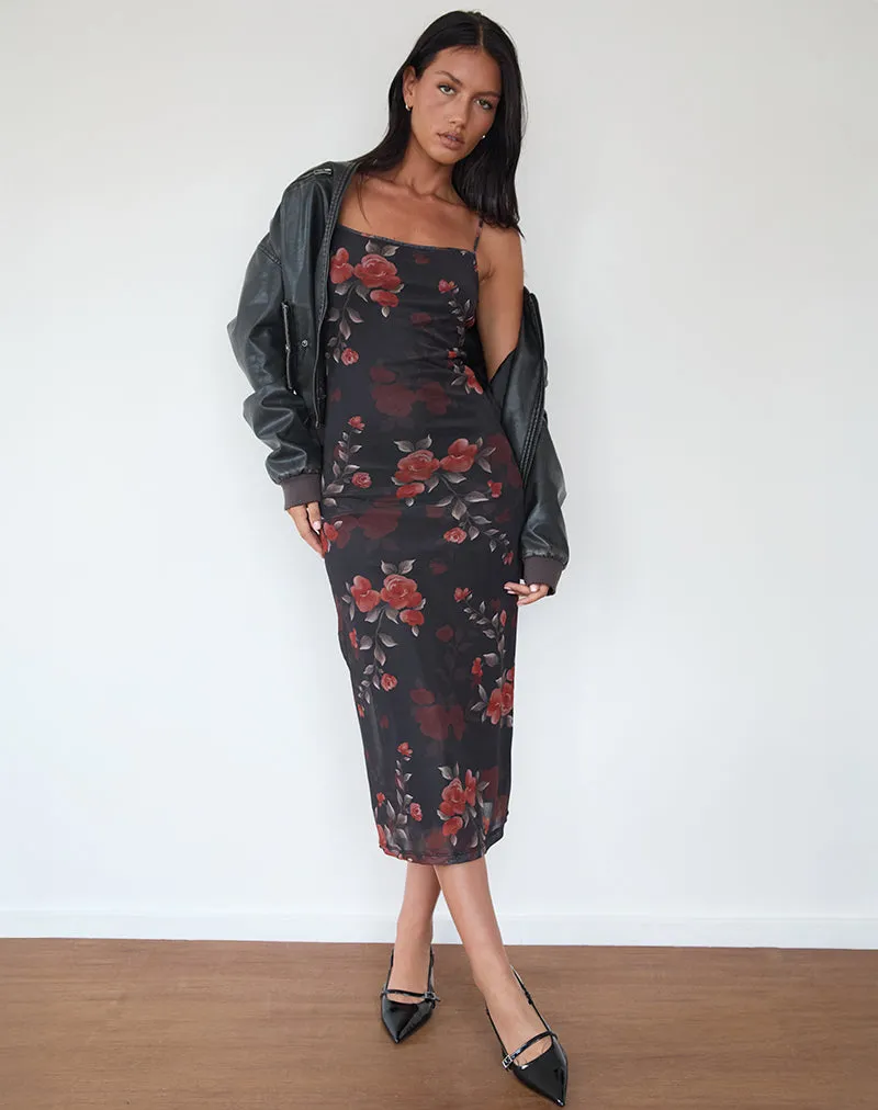 Nori Midi Dress in Watercolour Rose Black