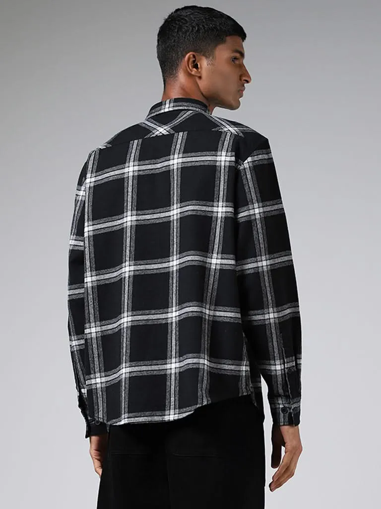 Nuon Black Plaid Checked Cotton Relaxed-Fit Shirt