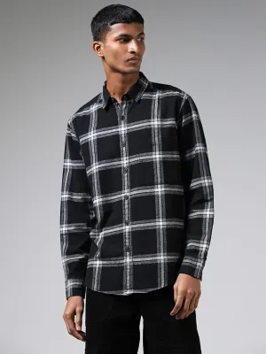 Nuon Black Plaid Checked Cotton Relaxed-Fit Shirt