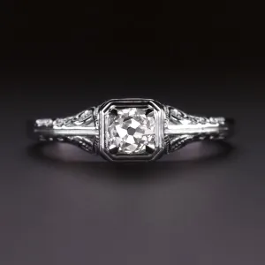 OLD MINE CUT DIAMOND SOLITAIRE RING VINTAGE STYLE FILIGREE 14k WHITE GOLD 1/2ct