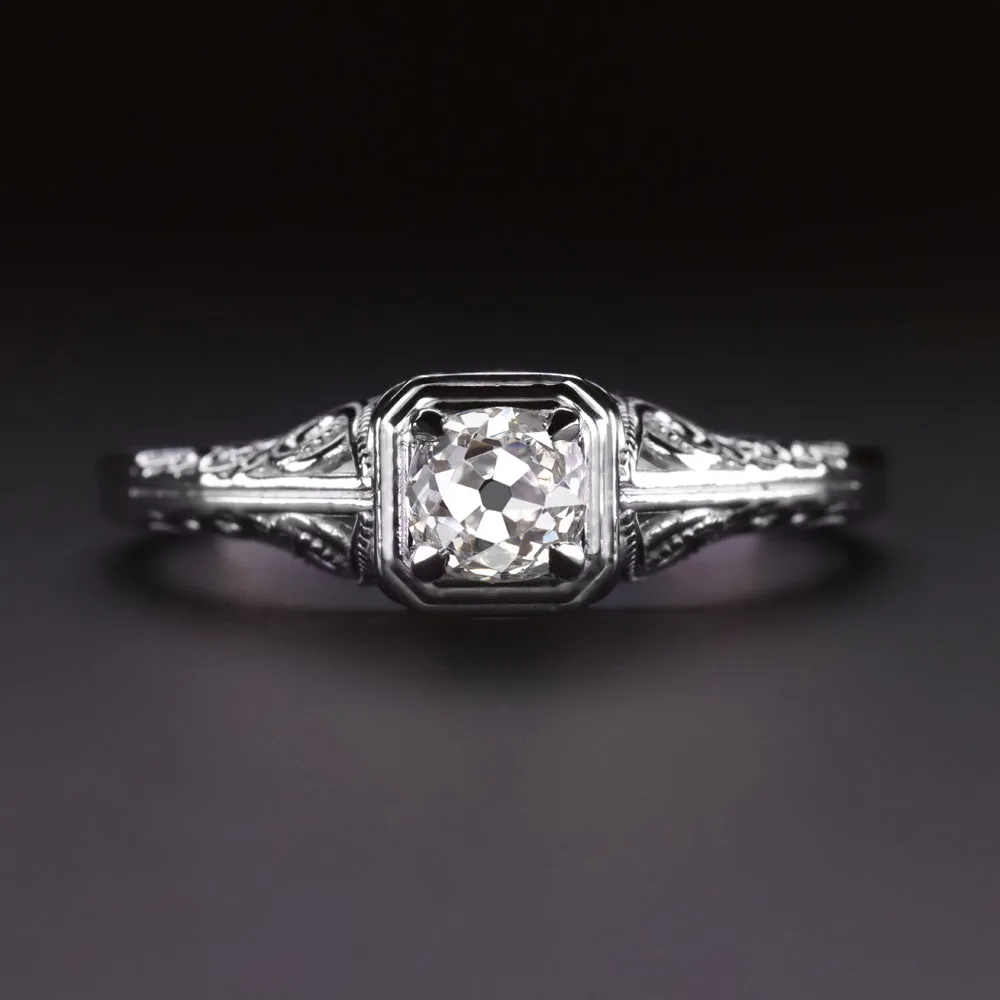 OLD MINE CUT DIAMOND SOLITAIRE RING VINTAGE STYLE FILIGREE 14k WHITE GOLD 1/2ct