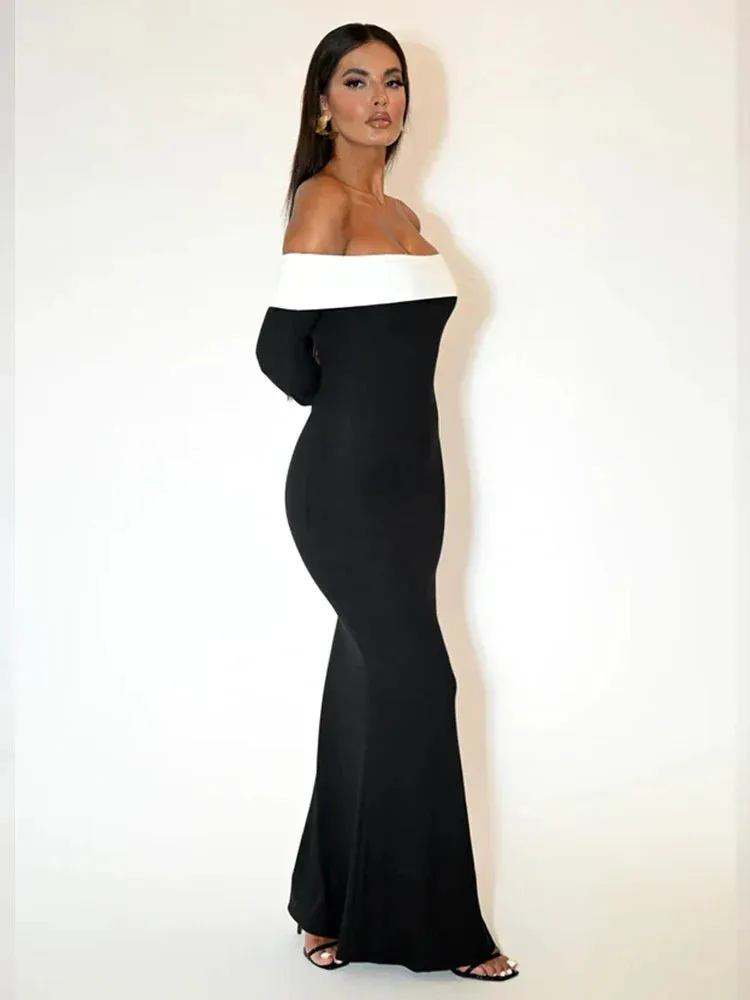 Patchwork Long Off Shoulder Nightclub Sexy Autumn Winter Maxi Dress