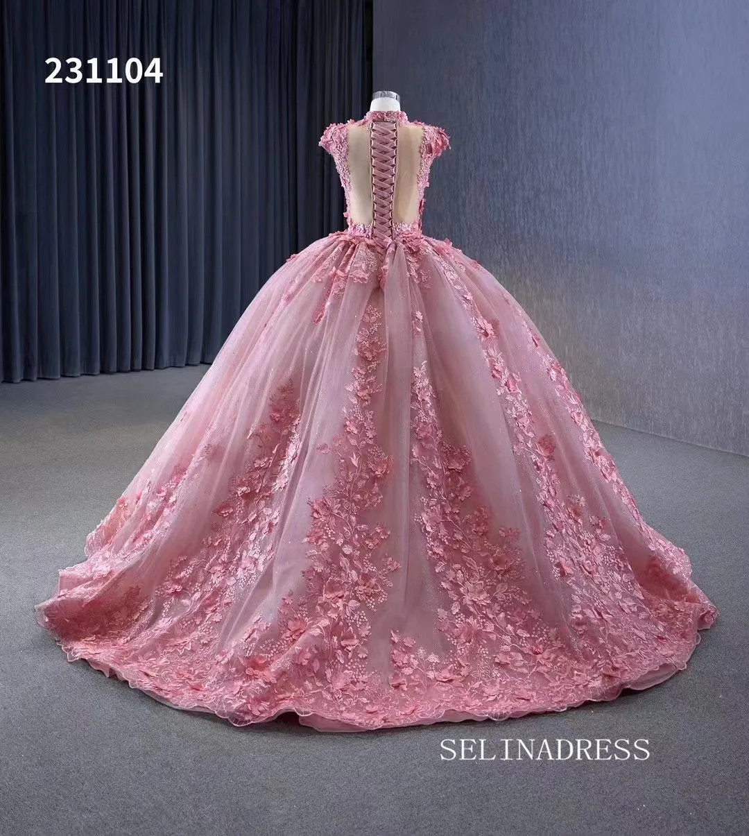 Pink 3D Flower Lace Wedding Gown High Neck Quinceanera Dress 231104