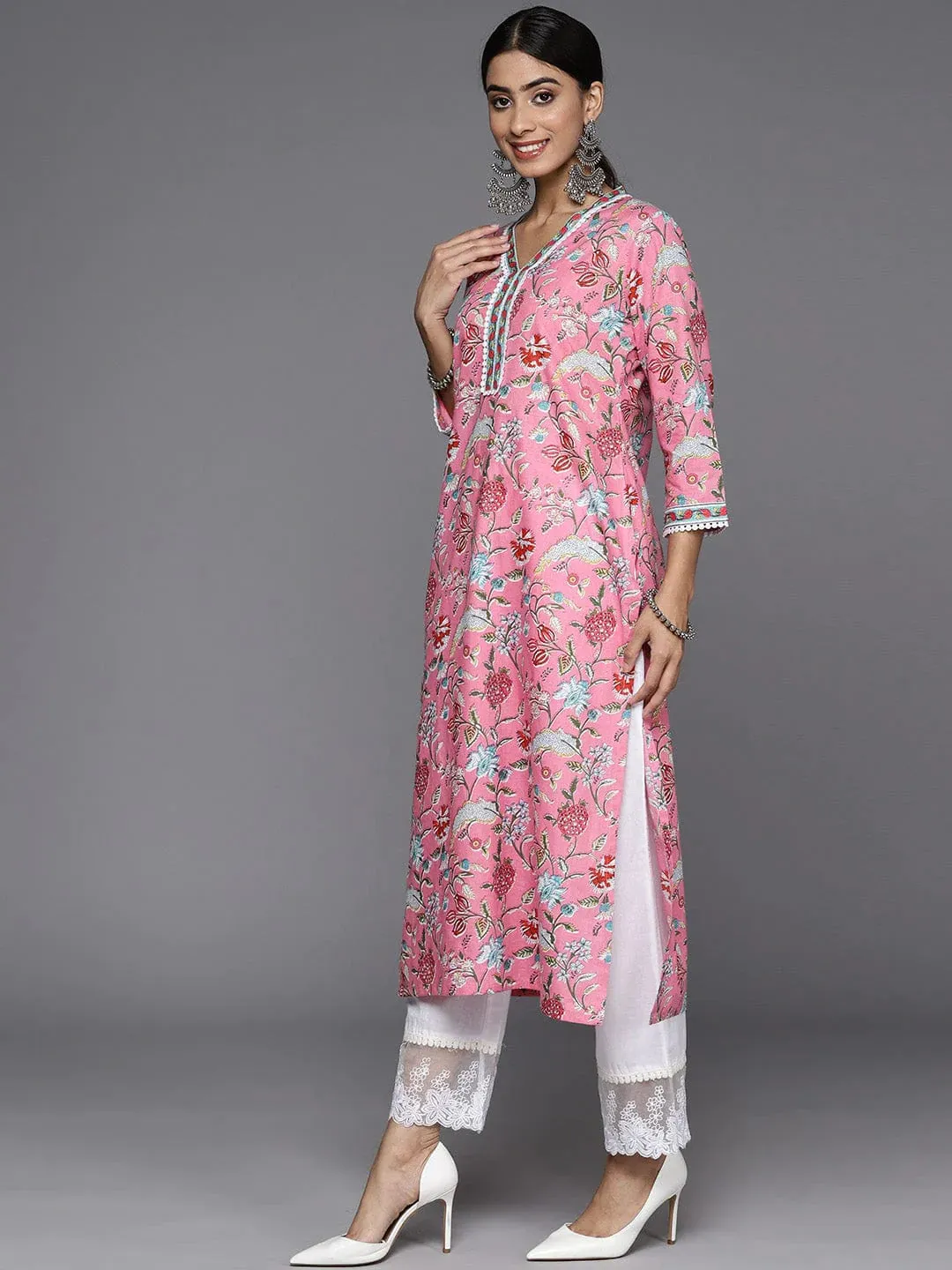 Pink Pure Cotton Floral Printed Kurta