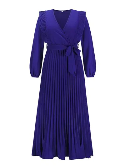 Pleated Surplice Tie Waist Maxi Dress