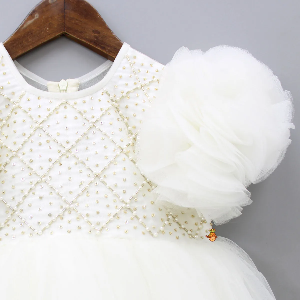 Pre Order: Checks Embroidered Yoke Off White Dress With Back Sequined Bow