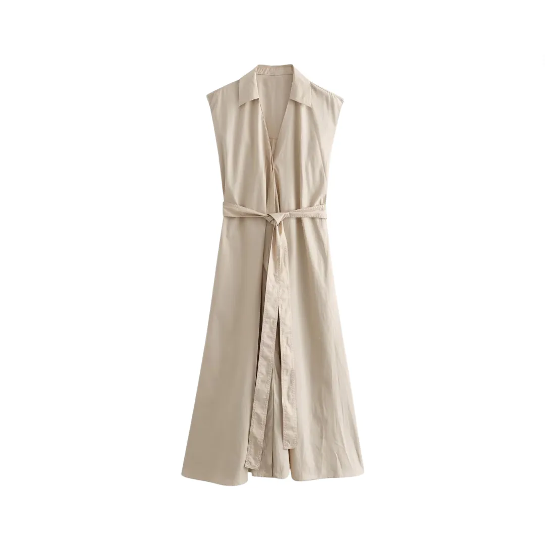 Pre Order: V-Neck Belt Sleeveless Midi Vest Dress