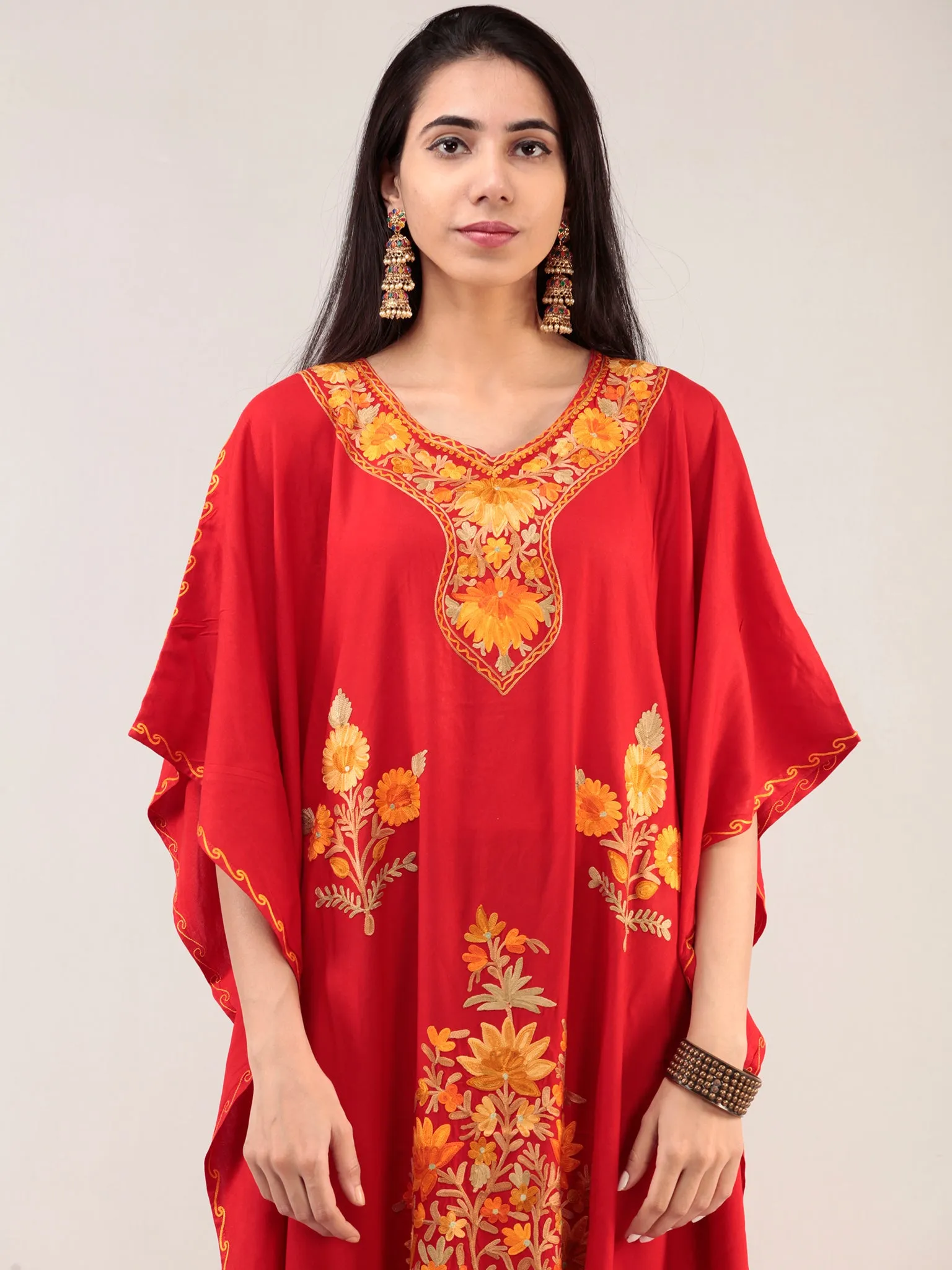 Red Aari Embroidered Kashmere Free Size Kaftan  - K12K038