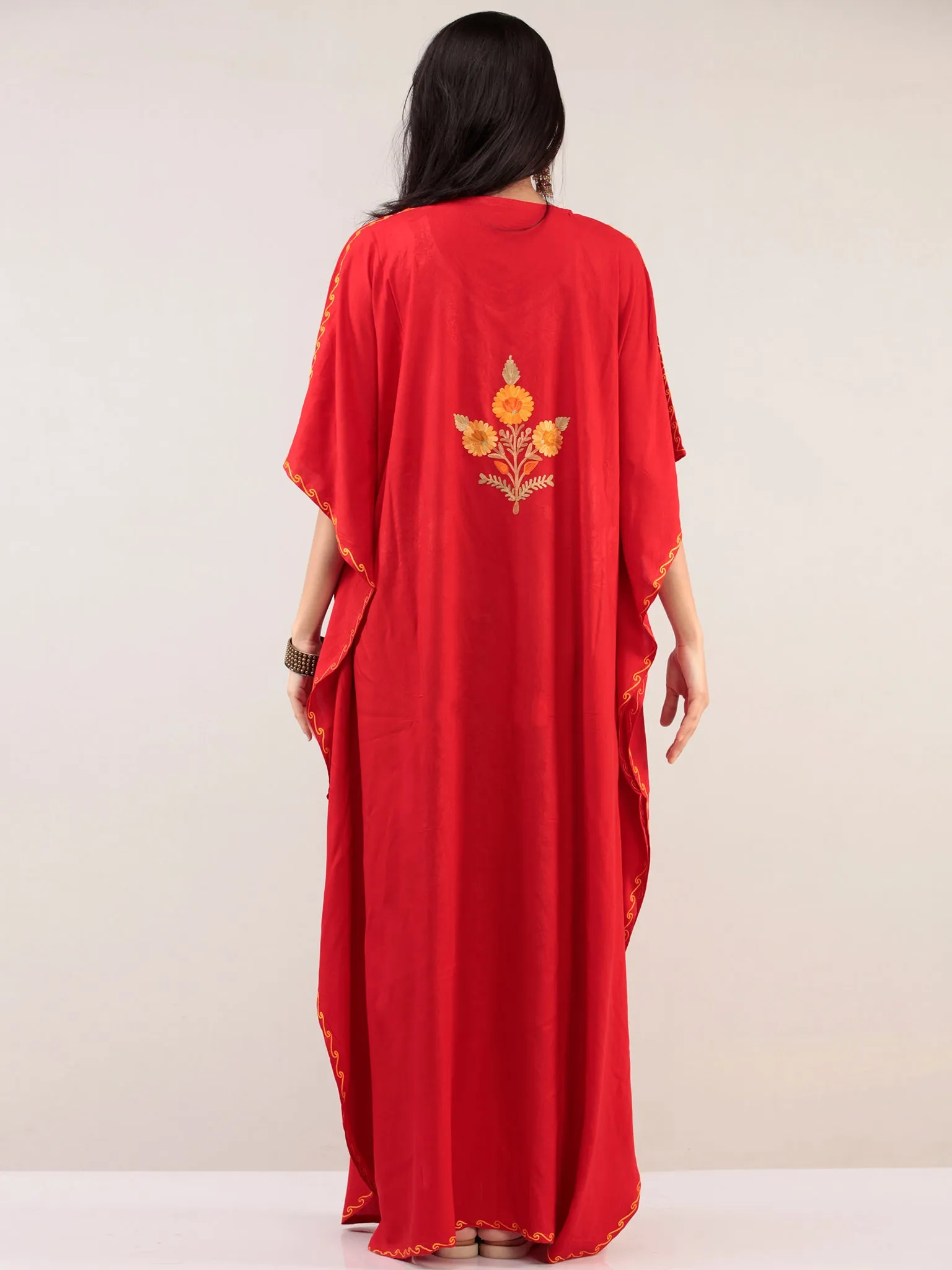 Red Aari Embroidered Kashmere Free Size Kaftan  - K12K038