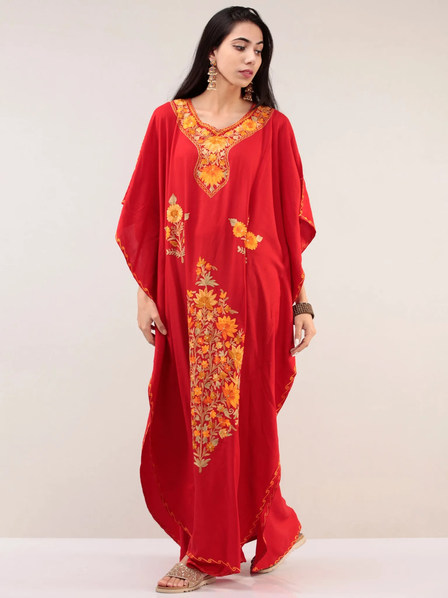 Red Aari Embroidered Kashmere Free Size Kaftan  - K12K038