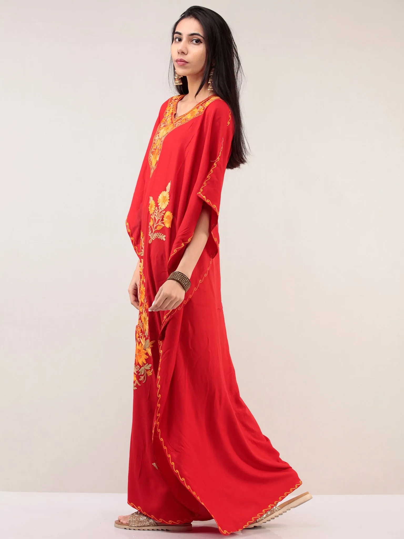 Red Aari Embroidered Kashmere Free Size Kaftan  - K12K038