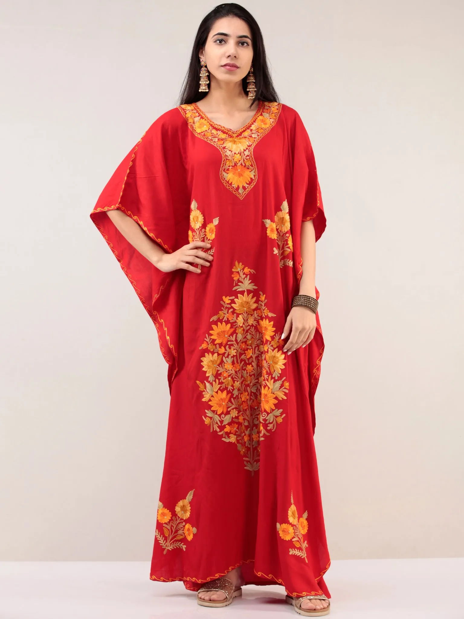 Red Aari Embroidered Kashmere Free Size Kaftan  - K12K038