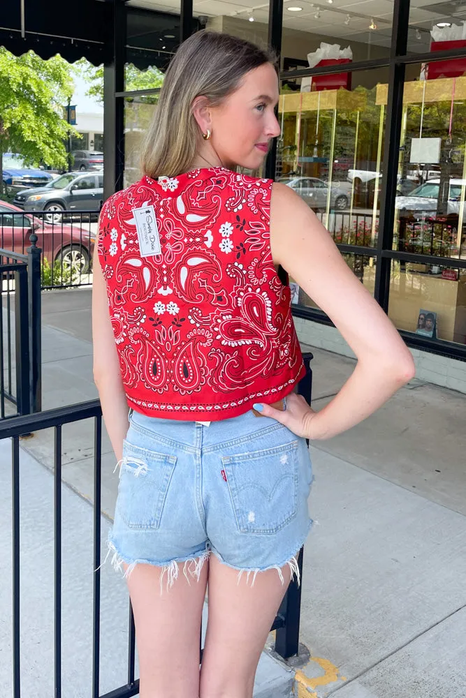 SALE-Paisley Print Bow Vest Top-Red